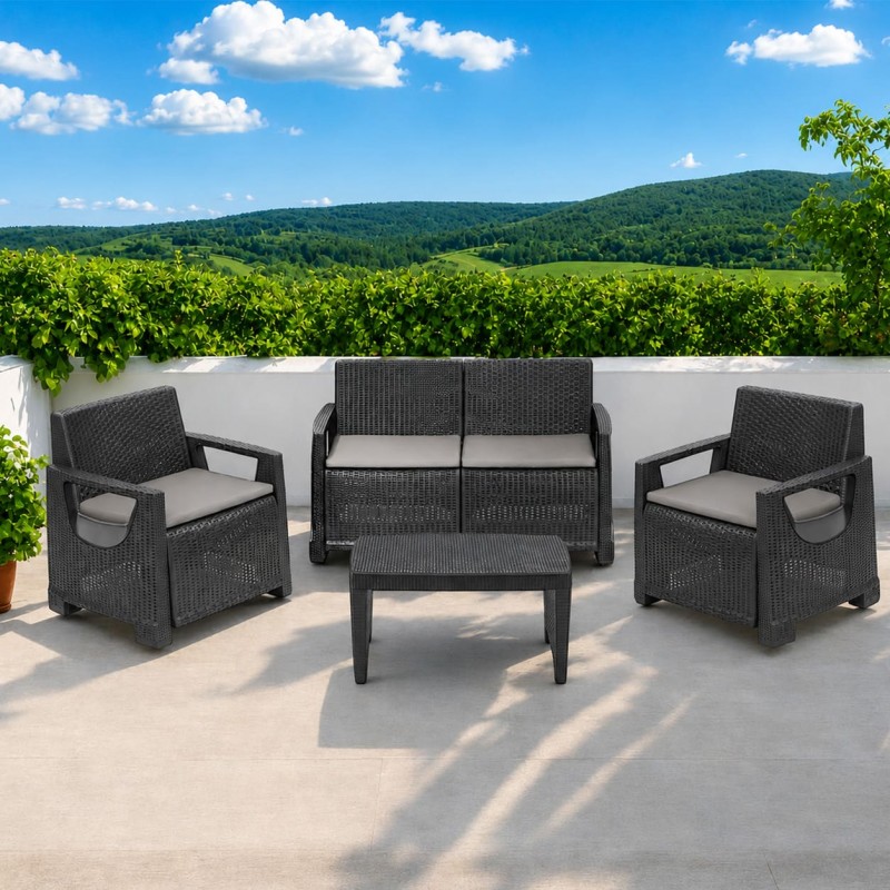 Градински сет 4 части Ipae-progarden Mandello, 2бр. Фотьойли, 1бр. Диван, 1бр. Маса , Антрацит