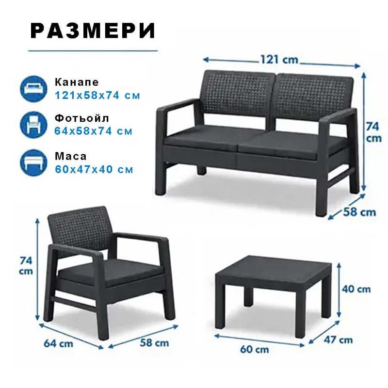 Градински сет 4 части Kilimanjaro KIL04CAN, 2бр. Фотьойли, 1бр. Диван, 1бр. Маса, Антрацит